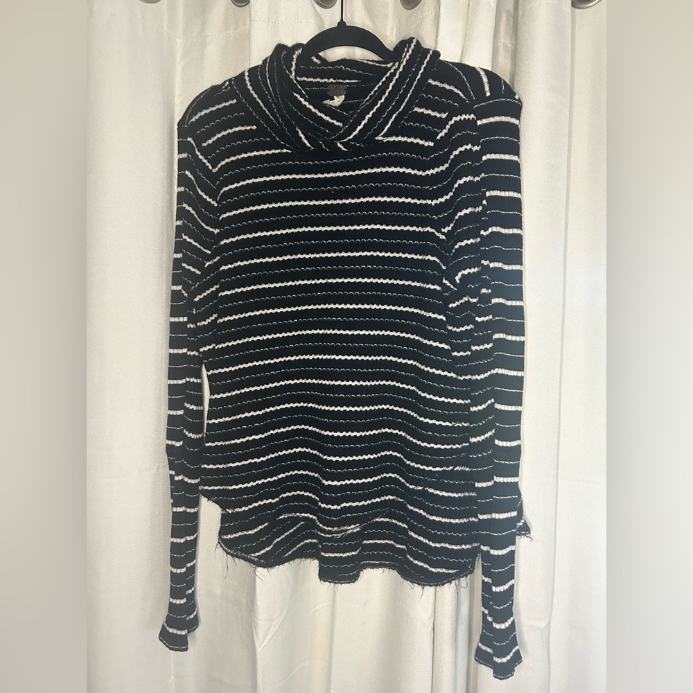 We‎ The Free Black & White Striped Cowl Neck Thermal Waffle Knit Oversized Top
